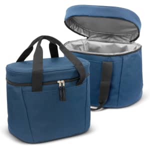 A blue cooler bag with a zippered front pocket and black handles, featuring a removable lid and insulated interior.