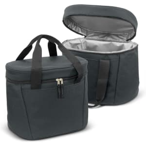 A green cooler bag with a zippered closure and two handles, featuring an insulated interior and an exterior pocket.