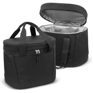 A black cooler bag with a zippered top and two handles, featuring a silver insulated interior.