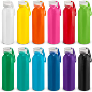 A drink bottle collection featuring colours like white, yellow, orange, pink, green, blue, black, and purple, each with a cap and handle.