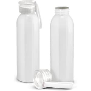 A drink bottle duo in white, featuring a clear cap and a loop for easy carrying. Includes a bottle with a removable lid.