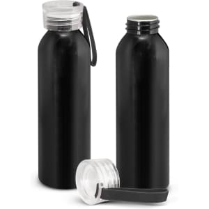 A drink bottle in matte black with a clear, screw-on lid and a carry handle, featuring a logo.