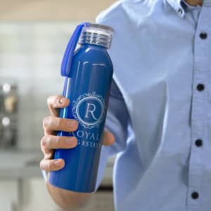 A drink bottle in a vibrant blue colour, featuring a clear cap and a logo on the side.