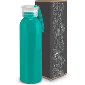 A drink bottle in teal with a clear lid and a matching strap, beside a decorative box featuring a design.