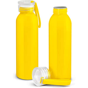 A drink bottle in bright yellow, featuring a clear screw-on lid and a removable cap. It has a logo on the side.