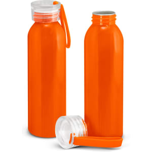 A drink bottle in bright orange with a clear lid and an attached strap, featuring a logo on its surface.