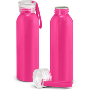 A drink bottle in vibrant pink, featuring a clear lid and a matching looped handle. Two bottles are displayed.