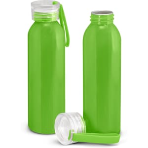 A drink bottle duo in vibrant green with clear lids, featuring a logo on one bottle.