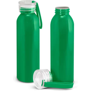 A drink bottle in bright green with a clear screw top and a matching green handle. Features a logo.