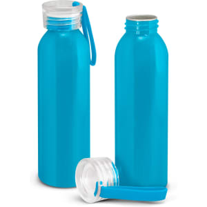 A drink bottle in bright blue, featuring a clear lid and a matching silicone strap. It has a branding logo.