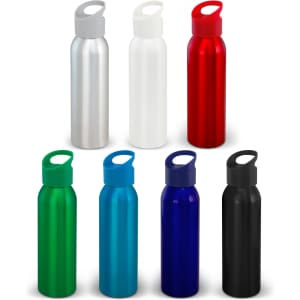 A drink bottle display featuring aluminium styles in silver, white, red, green, blue, and black, each with a handle.