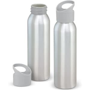 A drink bottle in silver aluminium with a grey plastic cap, featuring a loop handle for easy carrying.