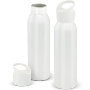 A drink bottle with a sleek white aluminium design, including a removable cap and a logo.