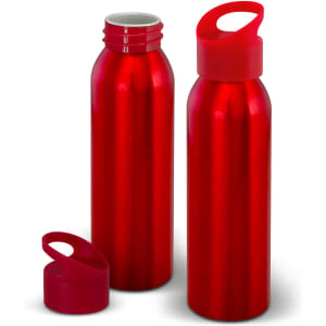 A drink bottle set in shiny red aluminium featuring a screw-top lid and a removable cap.
