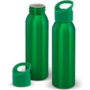 A drink bottle in vibrant green aluminium, featuring a screw-top lid and a removable green cap.