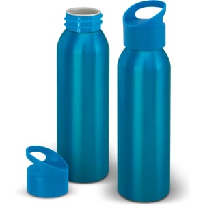 A drink bottle set in shiny blue aluminium, featuring a screw-top lid and a cap with a handle.