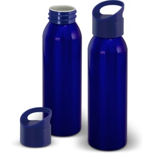 A drink bottle in a vibrant blue colour, featuring a screw cap and a removable lid with a handle.