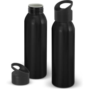 A drink bottle in matte black aluminium with a screw-on lid and a removeable cap, featuring a handle.