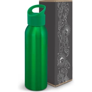 A drink bottle with a glossy green finish, accompanied by a decorative box featuring intricate designs.
