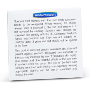 A pack of Sunburn Alert Stickers in a white box. It has a logo and provides information about sun protection.