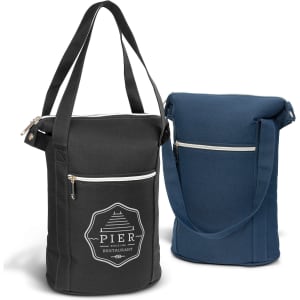 A drink bottle cooler bag in black and navy, featuring zippers and a logo on the front.