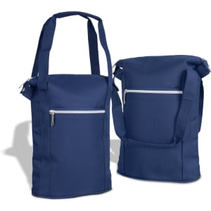 A navy cooler bag with shoulder straps and a front zip pocket, featuring a sleek design and room for a drink bottle.