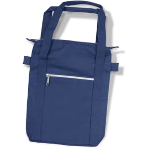 A navy blue wine cooler bag with dual handles and a front zip pocket. The bag has a simple, minimalist design.