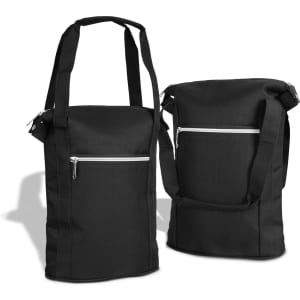 A drink bottle cooler bag in black, featuring a zippered front pocket and adjustable shoulder straps.