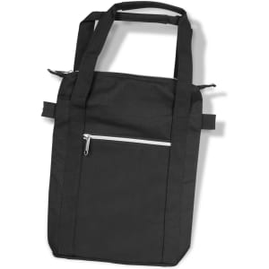 A black cooler bag with dual handles and a front zip pocket, featuring branding on the side.