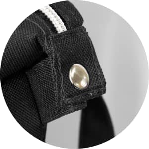 A black cooler bag with a zippered closure and a metallic snap fastener on the strap. It includes a logo.