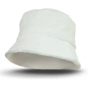 A white terry towelling bucket hat with a branded logo, featuring a wide brim and soft texture.