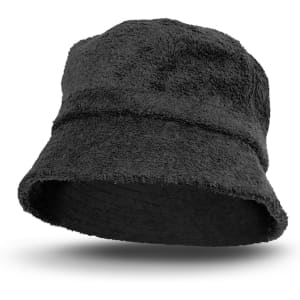 A black terry towelling bucket hat with a soft texture and a wide brim. It features a logo.