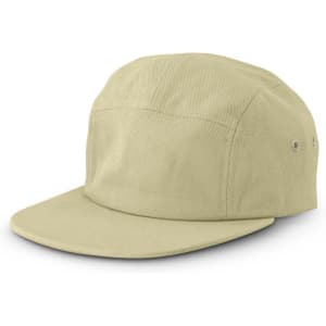 A light khaki cap with a flat peak and ventilation eyelets, featuring a logo on the side.