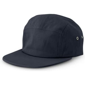 A dark navy cap with a flat brim and ventilation eyelets, featuring a simple design and a logo.