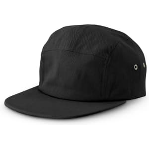 A black cap with a flat brim and side ventilation holes, featuring a logo on the front.