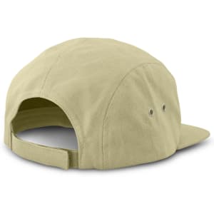 A pale yellow cap with a flat brim, featuring ventilation eyelets and an adjustable strap at the back.