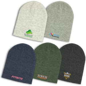 A collection of six Heather Slouch Beanies in grey, navy, green, and dark grey, featuring various logos.