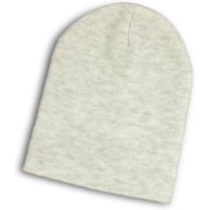 A light grey ribbed beanie with a slouchy design, featuring a branding logo.
