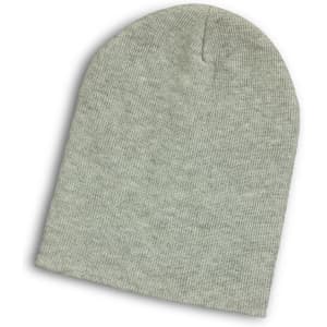 A heather grey slouch beanie laid flat, featuring a simple design and a soft texture.