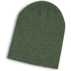A green Heather Slouch Beanie with a ribbed texture and a rounded crown, featuring a small logo.