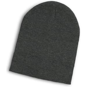 A dark grey slouch beanie displayed flat, featuring a simple design and a logo.