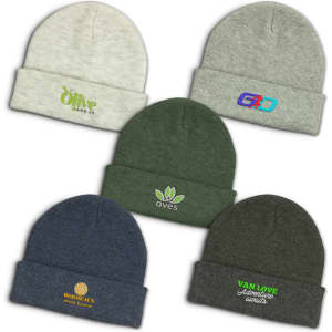 Five beanies in various shades, including light grey, dark green, and navy, each with a different logo or design.
