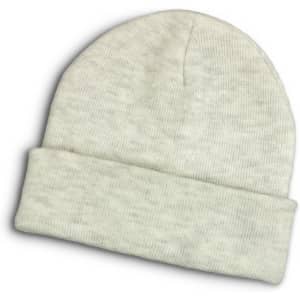A light grey beanie with a folded cuff, featuring a subtle textured pattern and a small logo.