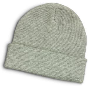 A light grey beanie with a ribbed texture and a folded cuff, featuring a subtle logo.