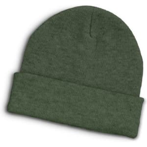 A dark green beanie with a folded cuff and a textured knit design. It features a logo on the side.