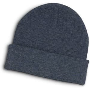 A dark heather blue beanie with a folded cuff, featuring a logo on the side.