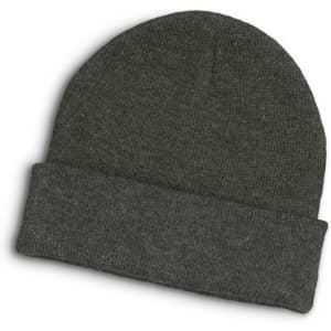 A green beanie with a folded cuff, featuring a textured knit design. It has a casual, stylish appearance.