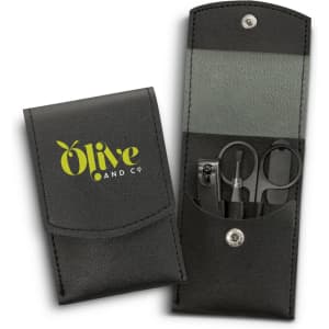 A black manicure set containing scissors, nail clippers, and other tools, enclosed in a protective case with a logo.