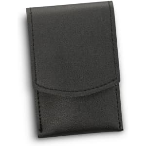 A black leather case containing a manicure set, featuring a sleek design and a flap closure.
