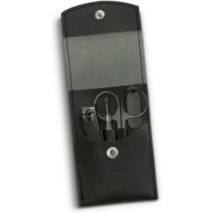 A black leather manicure set containing scissors, nail clippers, and a file, stored in a compact case with a snap closure.